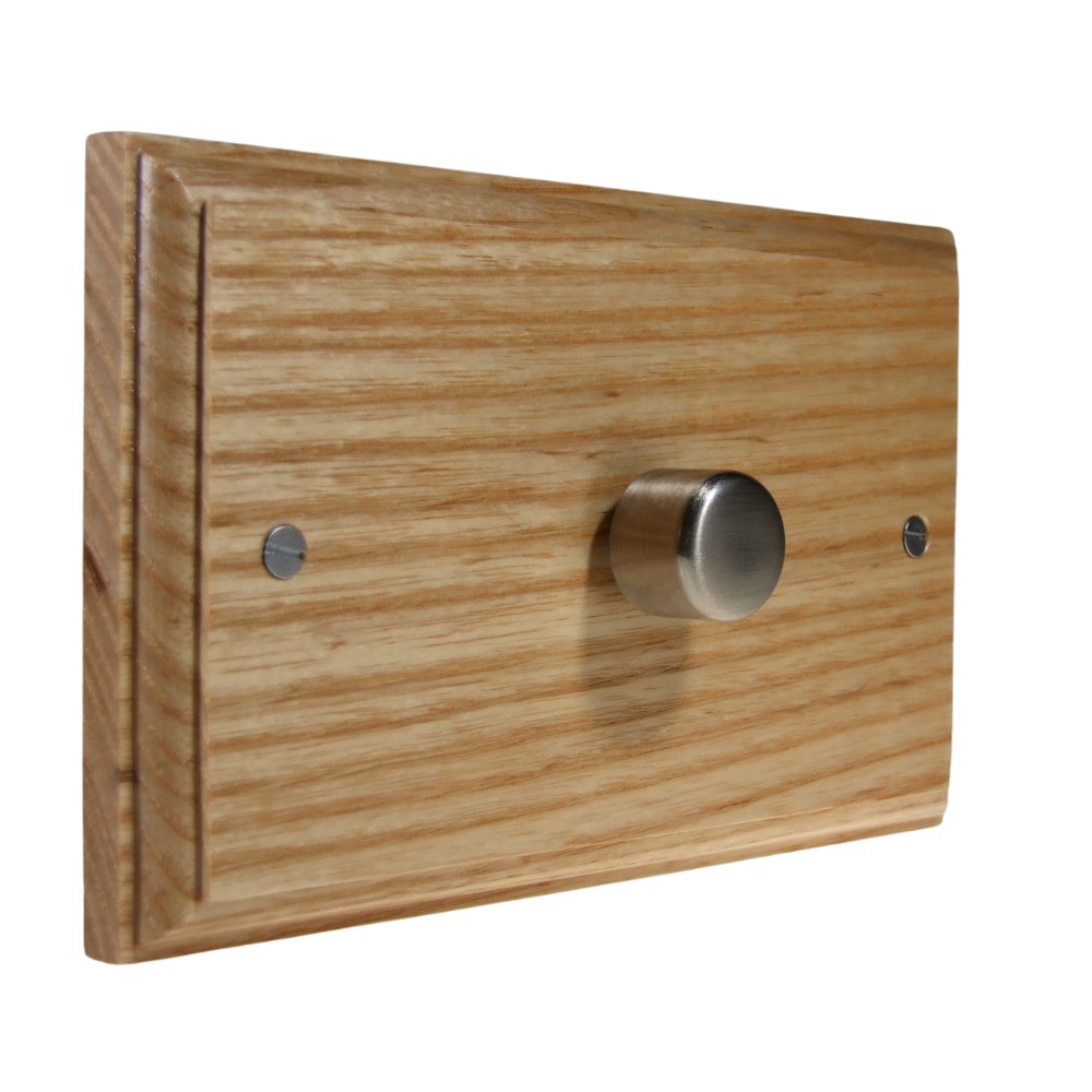Classic Ash Single 400W Dimmer Light Switch on Twin Plate Satin Stainless Caps