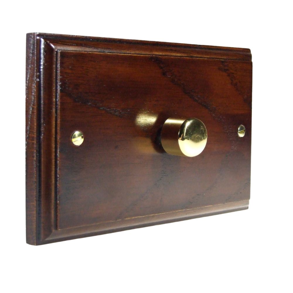 Classic Dark Oak Single 400W Dimmer Twin Plate Polished Brass Cap