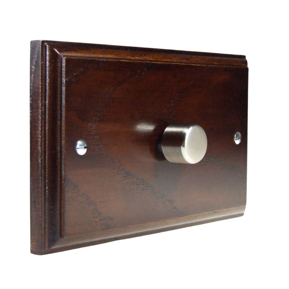 Classic Dark Oak Single 400W Dimmer Twin Plate Satin Stainless Cap