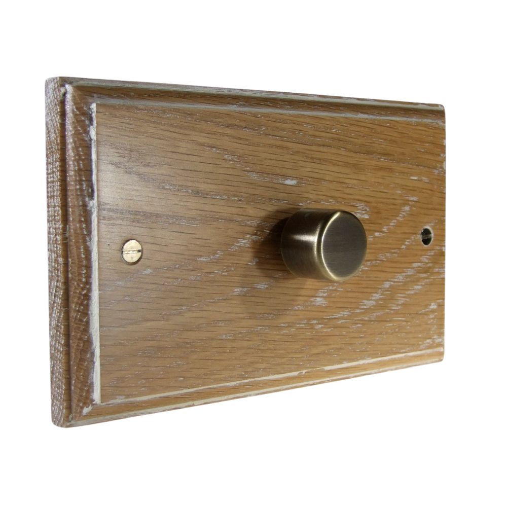 Classic Limed Oak Single 400W Dimmer Light Switch on Twin Plate Antique Brass Caps