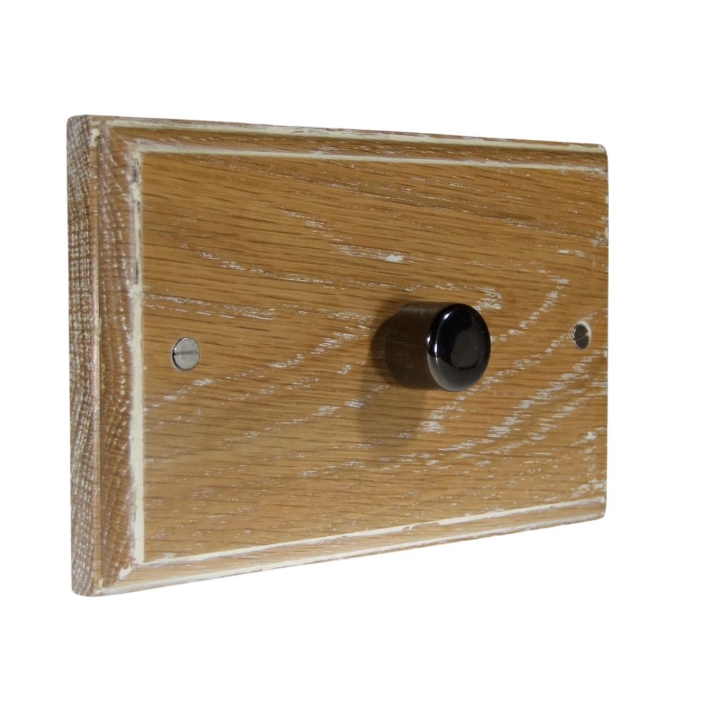 Classic Limed Oak Single 400W Dimmer Light Switch on Twin Plate Black Nickel Caps