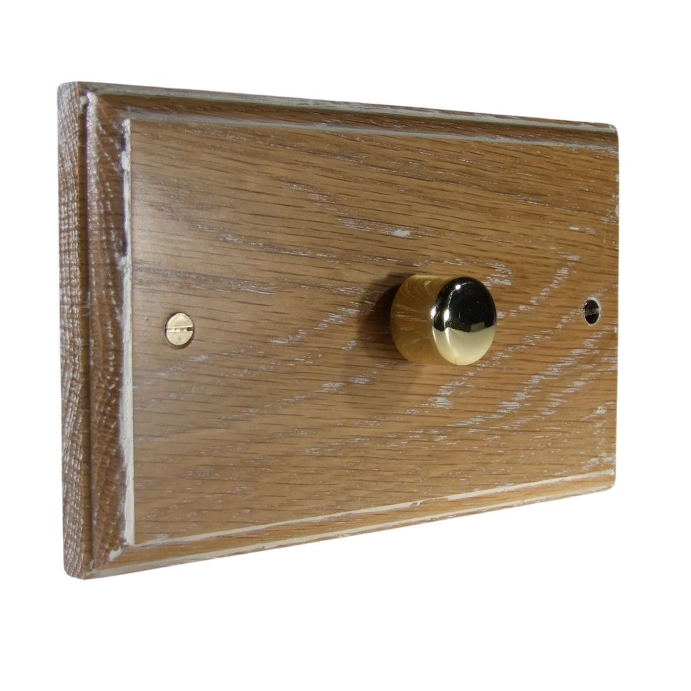 Classic Limed Oak Single 400W Dimmer Light Switch on Twin Plate Polished Brass Caps