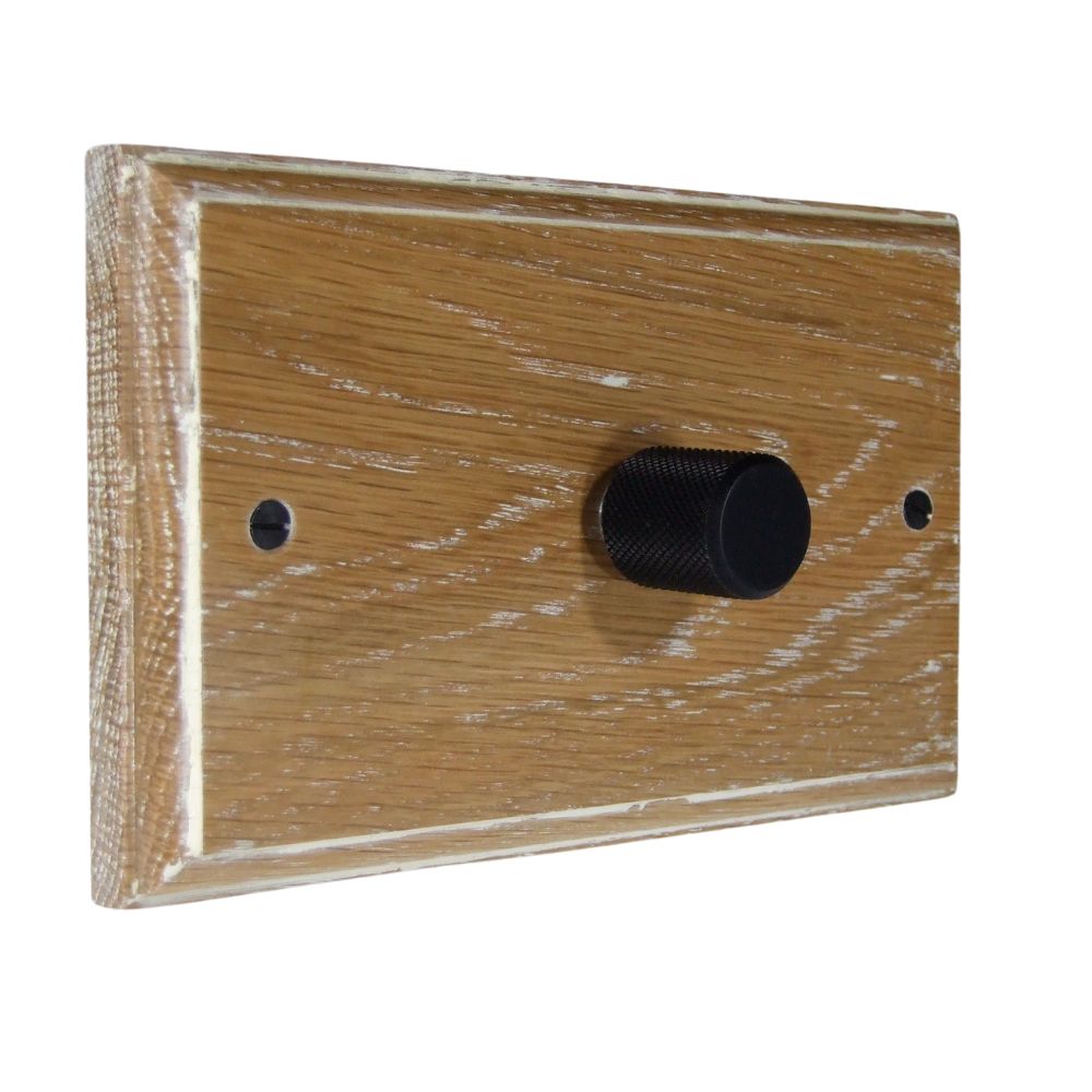 Classic Limed Oak Single 400W Dimmer Light Switch on Twin Plate Retro Black Caps