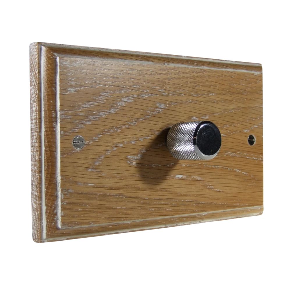Classic Limed Oak Single 400W Dimmer Light Switch on Twin Plate Retro Chrome Caps