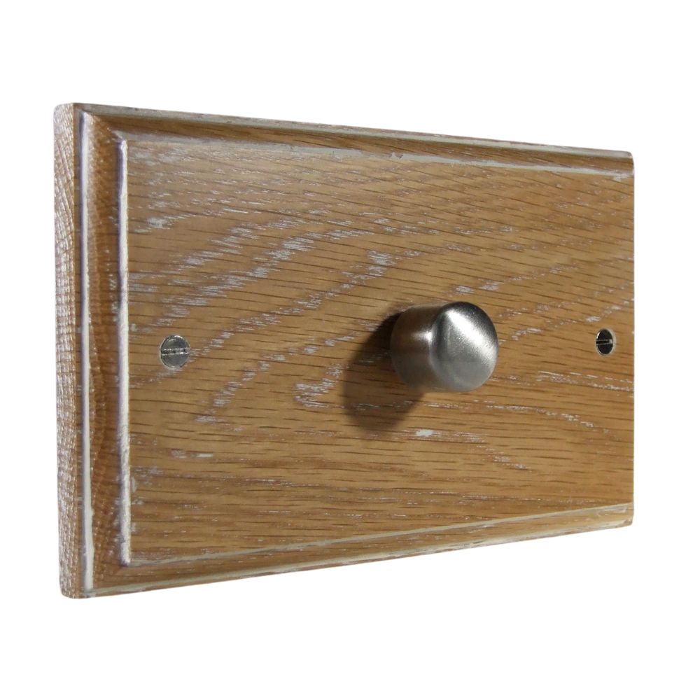 Classic Limed Oak Single 400W Dimmer Light Switch on Twin Plate Satin Stainless Caps