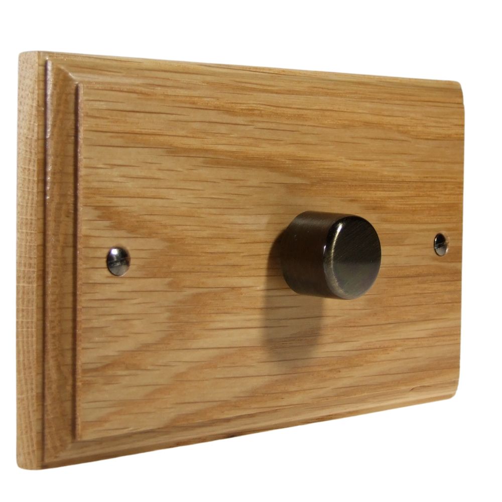 Classic Oak Single 400W Dimmer Light Switch on Twin Plate Antique Brass Caps