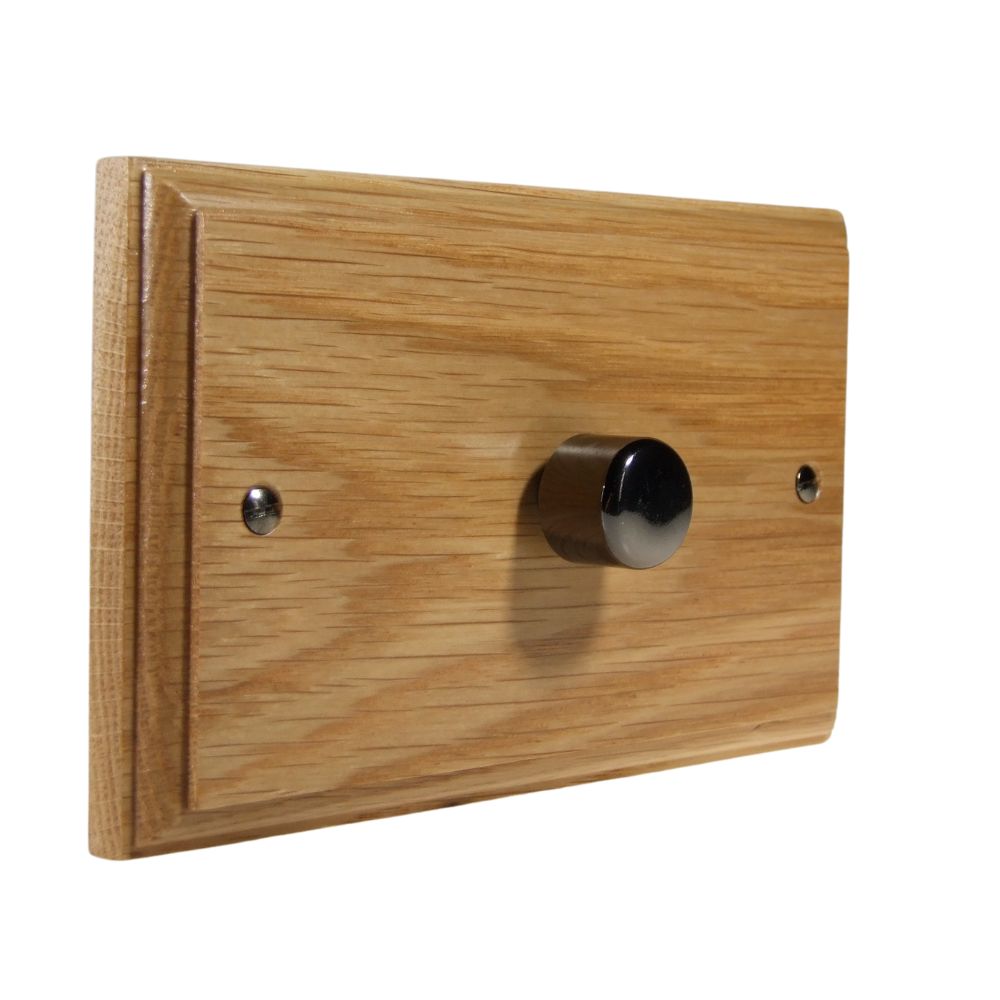 Classic Oak Single 400W Dimmer Light Switch on Twin Plate Black Nickel Caps