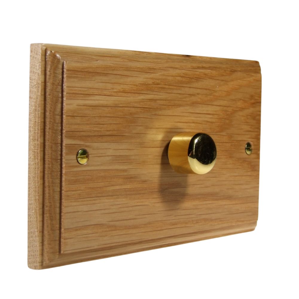 Classic Oak Single 400W Dimmer Light Switch on Twin Plate Polished Brass Caps