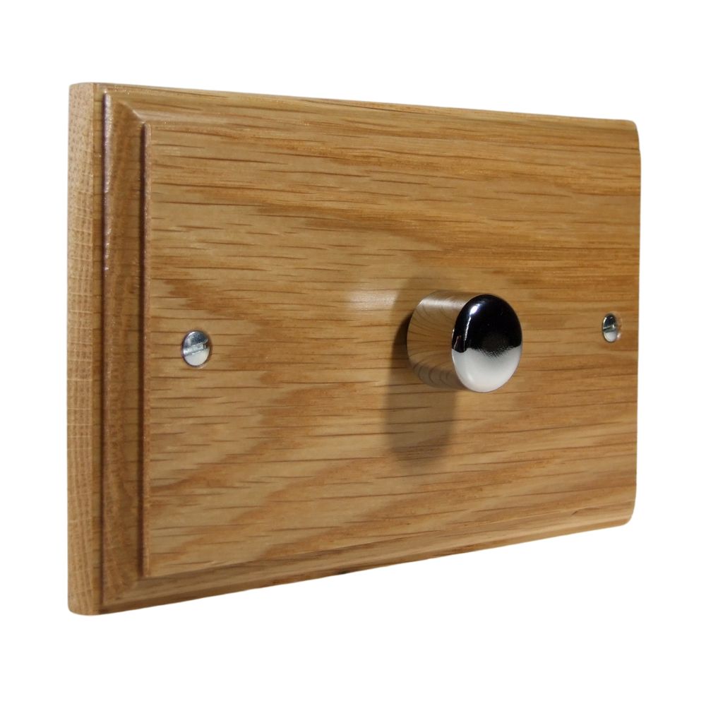 Classic Oak Single 400W Dimmer Light Switch on Twin Plate Polished Chrome Caps