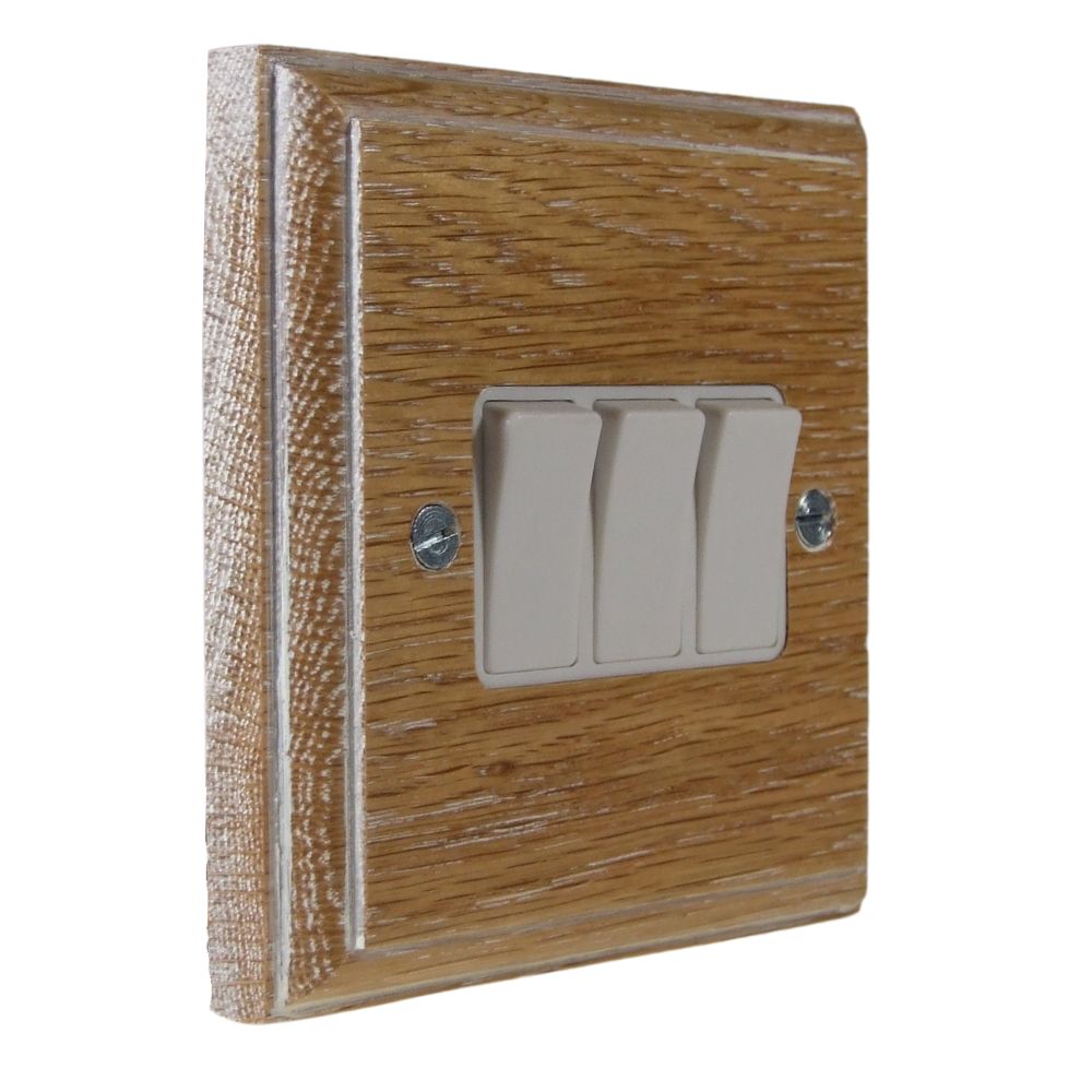 Classic Limed Oak Triple Light Switch White