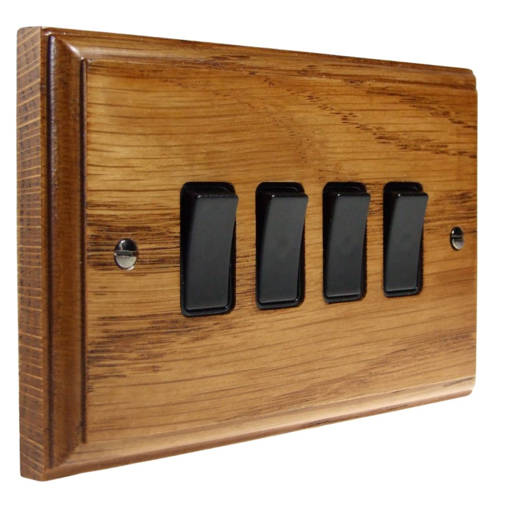 Classic Medium Oak 4 Switch Light Switch Black