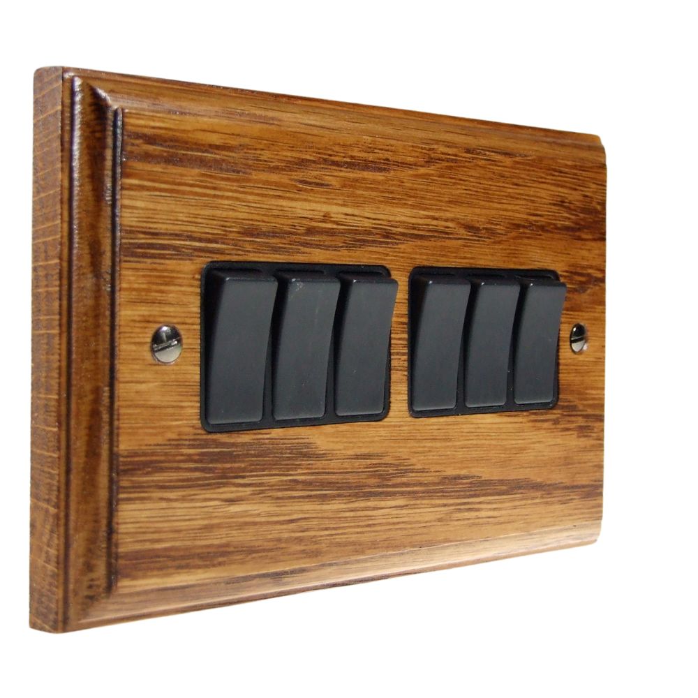 Classic Medcium Oak 6 Switch Light Switch Black