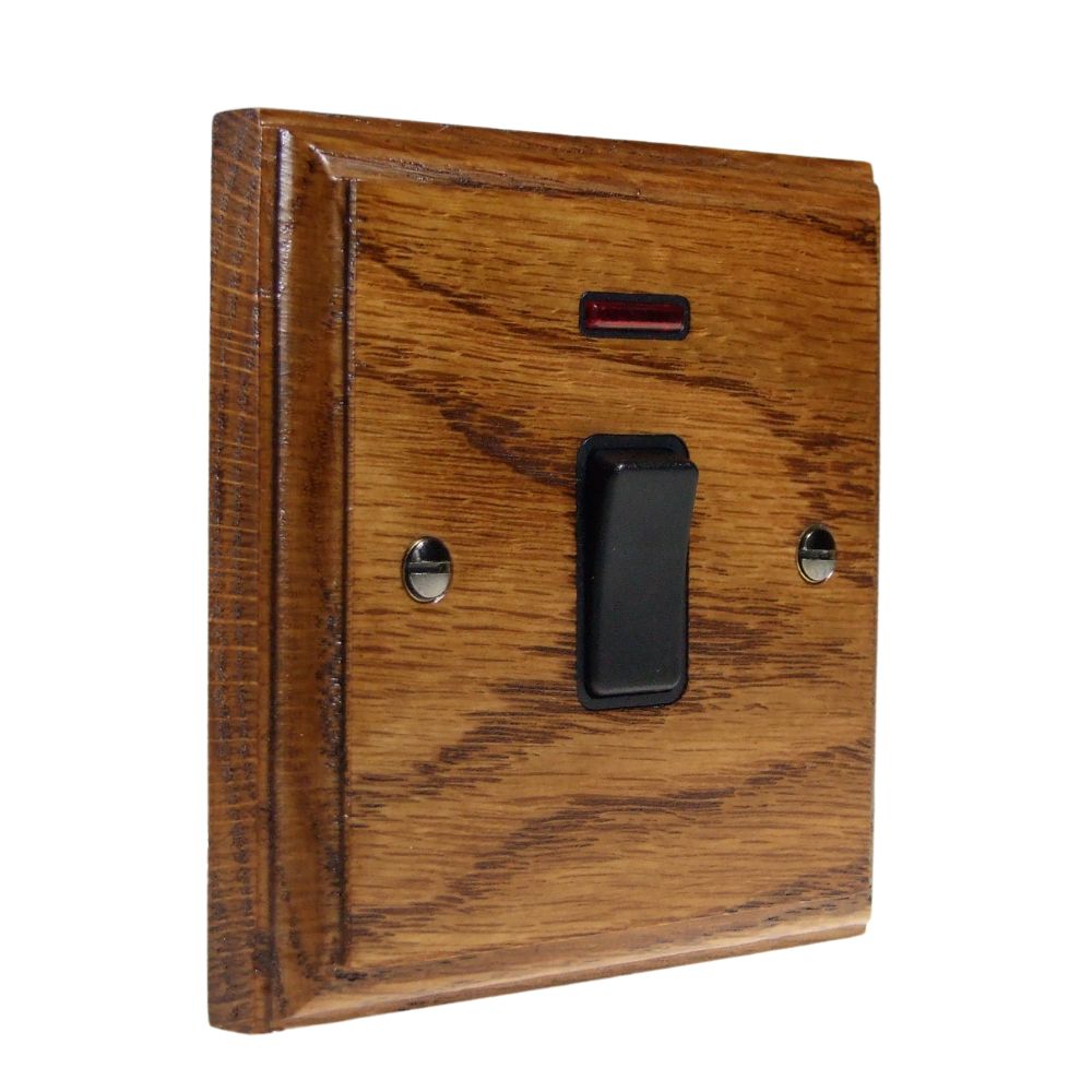 Classic Medium Oak Double Pole light Switch with Neon  Black