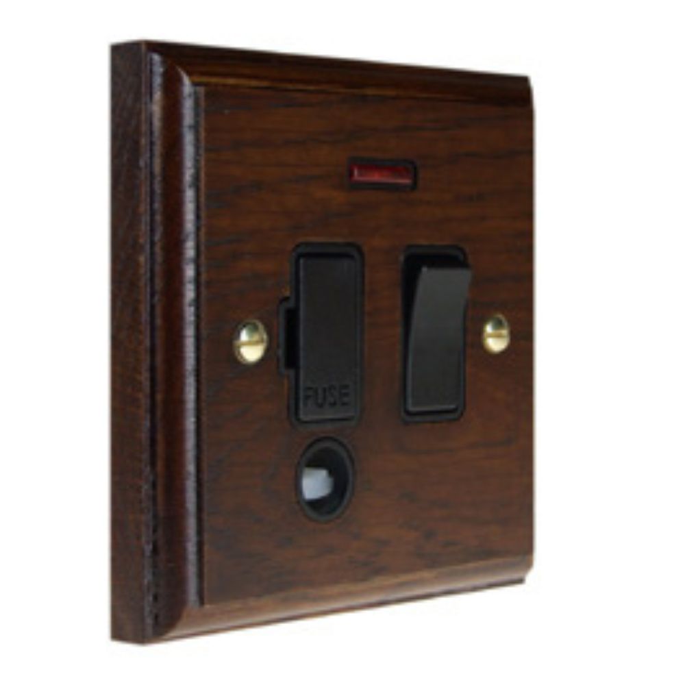 Classic Dark Oak Switch Fuse Spur with Neon and Cord Outlet Black