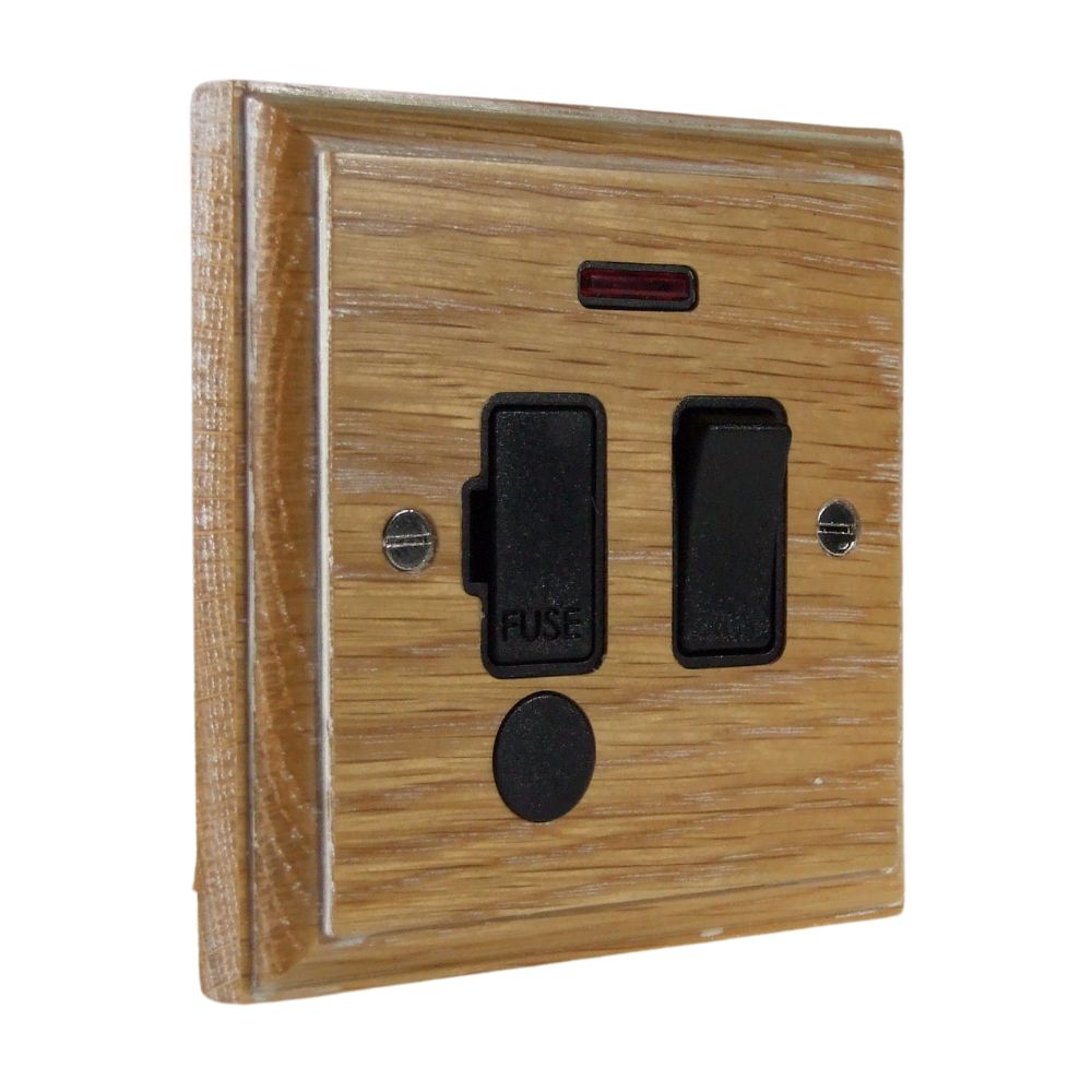 Classic Limed Oak Switch Fuse Spur Black with Neon and Cord Outlet