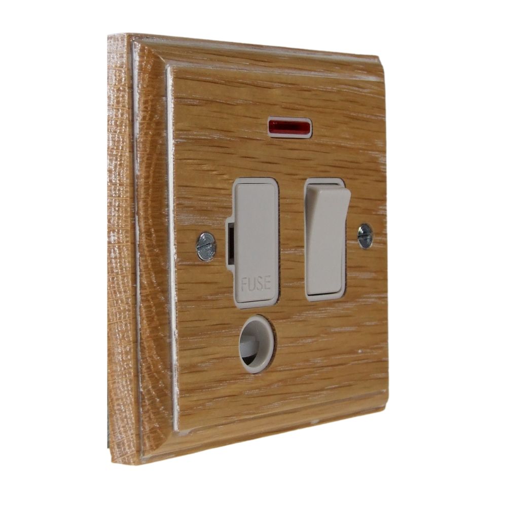 Classic Limed Oak Switch Fuse Spur White with Neon and Cord Outlet