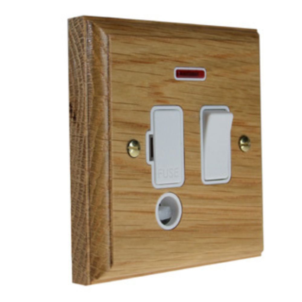 Classic Oak Switch Fuse Spur White with Neon and Cord Outlet