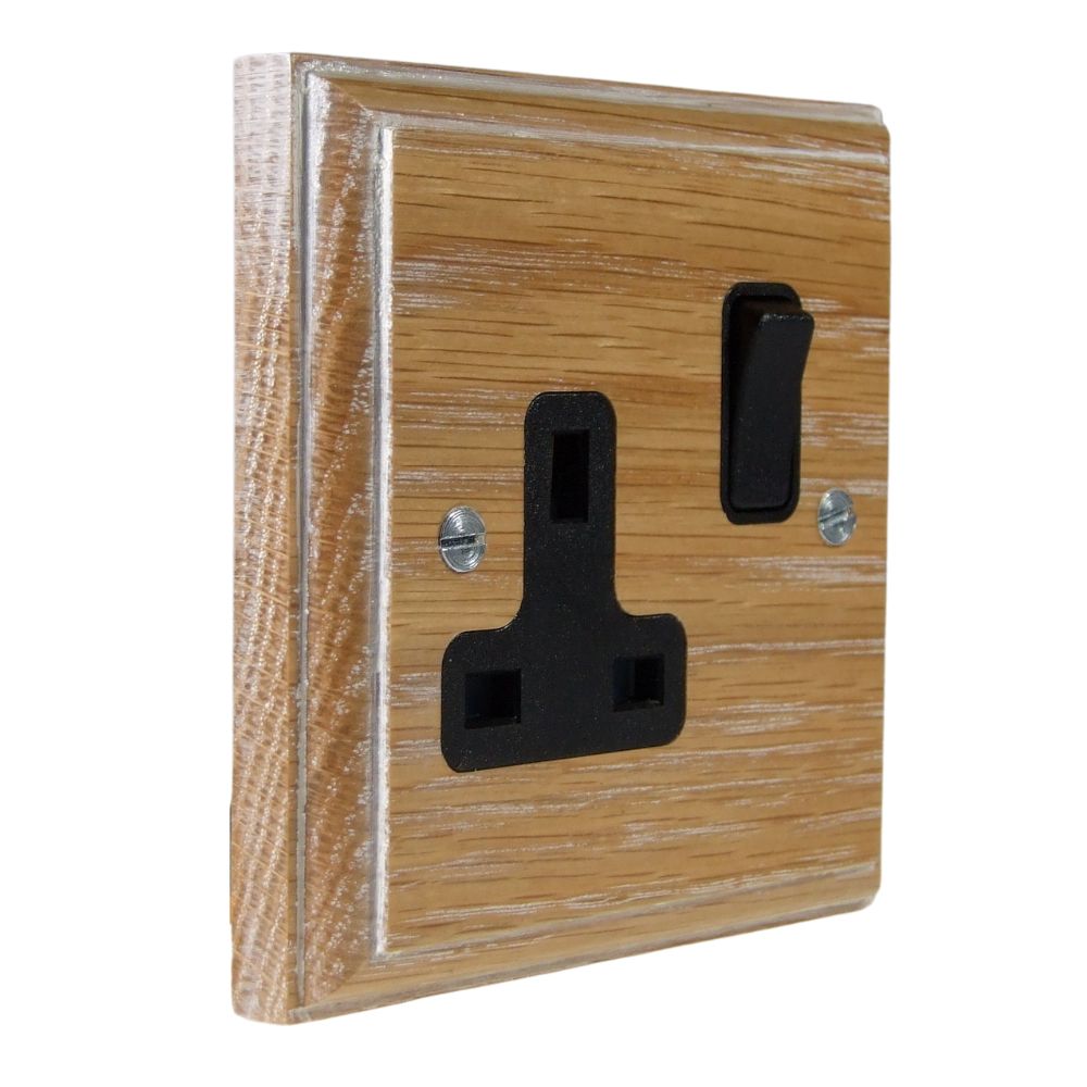 Classic Limed Oak Single Switched Socket Black