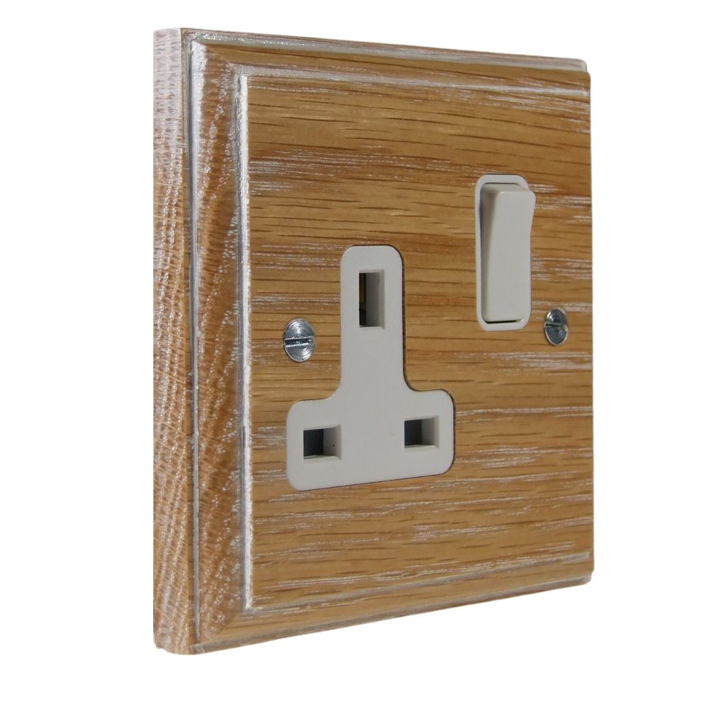 Classic Limed Oak Single Switched Socket White