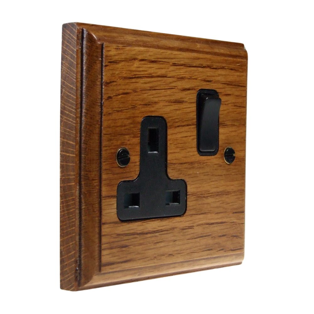 Classic Medium Oak Single Switched Socket Black