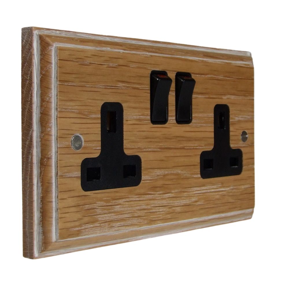 Classic Limed Oak Double Switched Socket Black