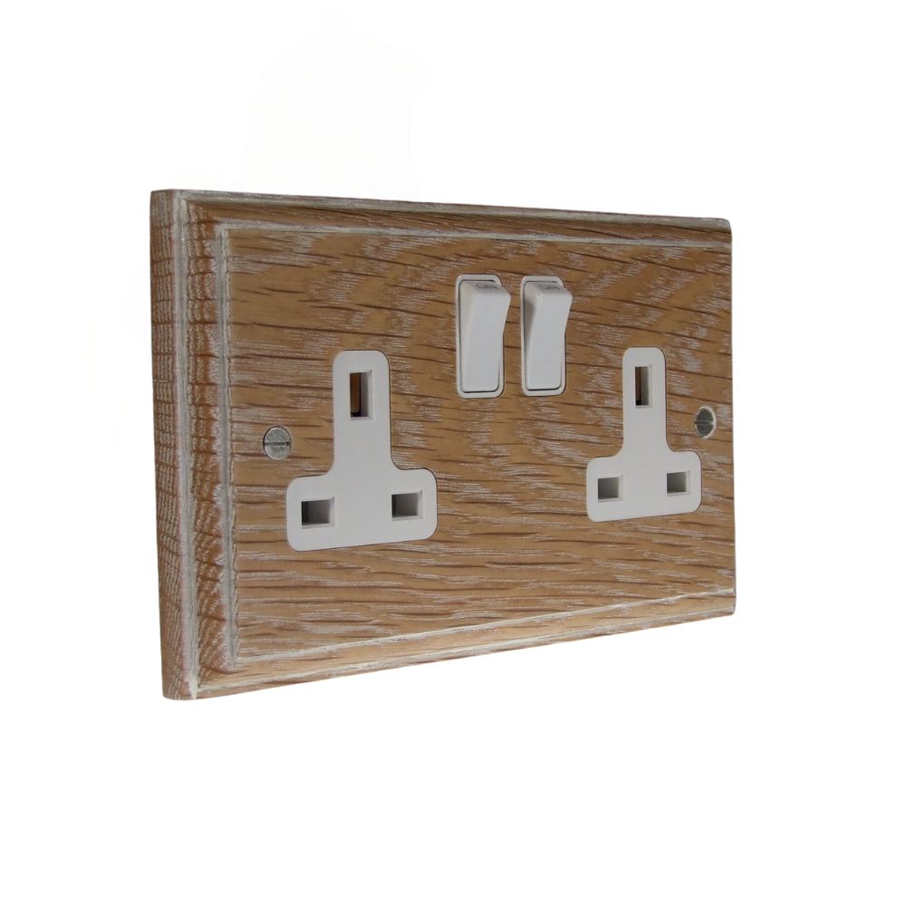 Classic Limed Oak Double Switched Socket White