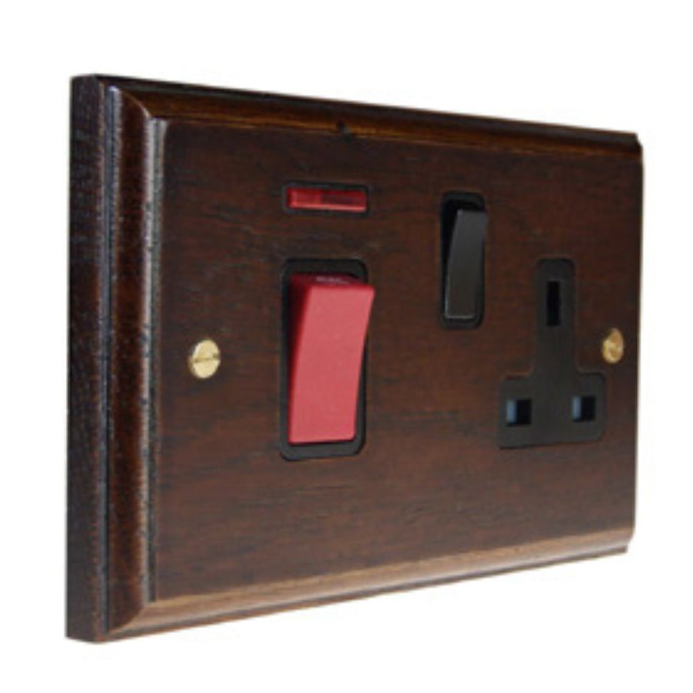 Classic Dark Oak Double Pole Cooker Switch with Switched Socket Black