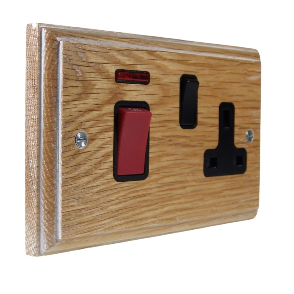 Classic Limed Oak Double Pole Cooker Switch with Single Switched Socket Black