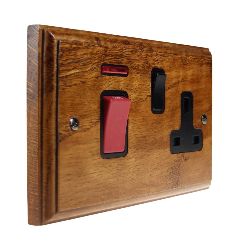 Classic Medium Oak Double Pole Cooker Switch with Switched Socket Black