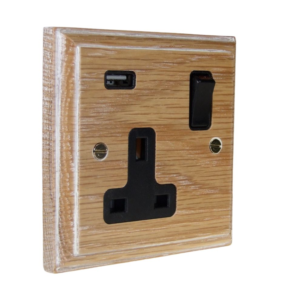 Classic Limed Oak Single Switched Socket with USB White
