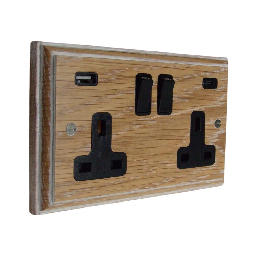 Classic Limed Oak Double Switched Socket with USB A+C Black
