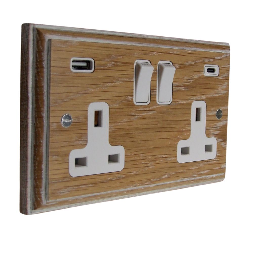 Classic Limed Oak Double Switched Socket with USB A+C White