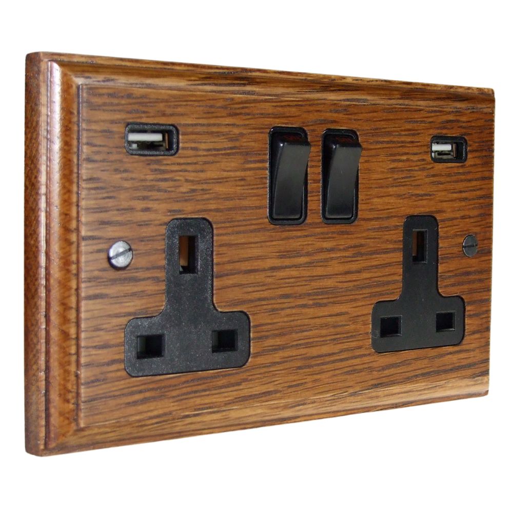 Classic Medium Oak Double Switched USB Socket Black