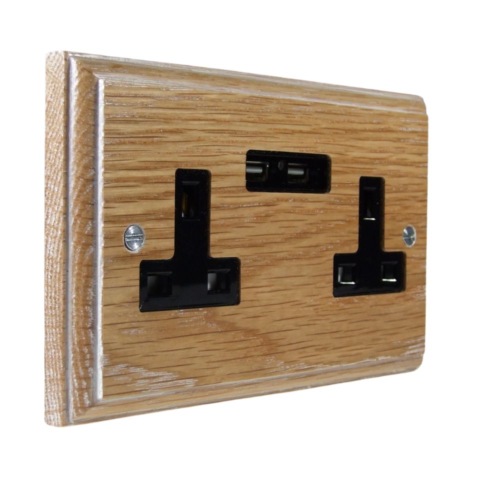 Classic Limed Oak Unswitched Double Socket with USB Black