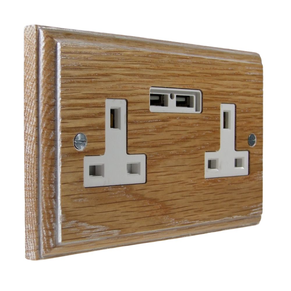 Classic Limed Oak Unswitched Double Socket with USB White