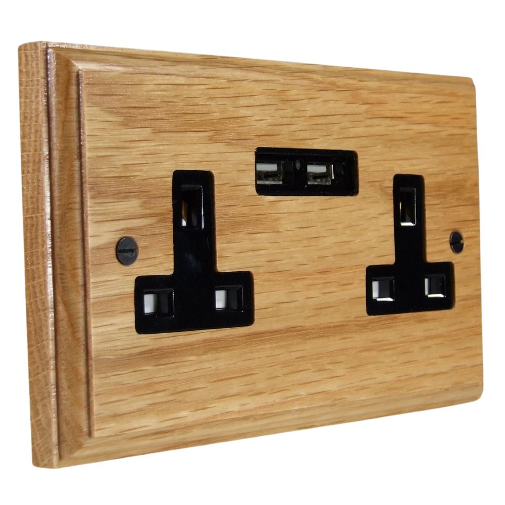 Classic Oak Unswitched Double Socket with USB Black