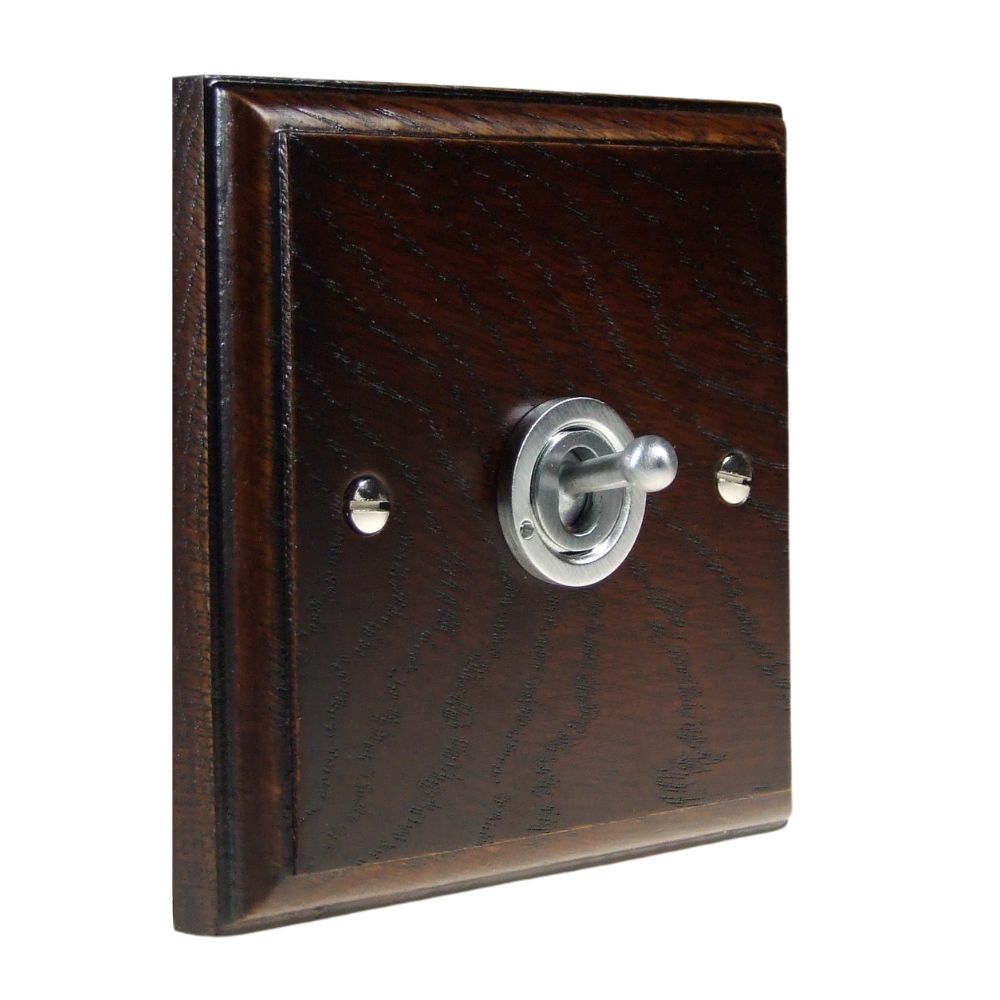 Classic Dark Oak Single Intermediate Light Switch Satin Stainless Period Toggle