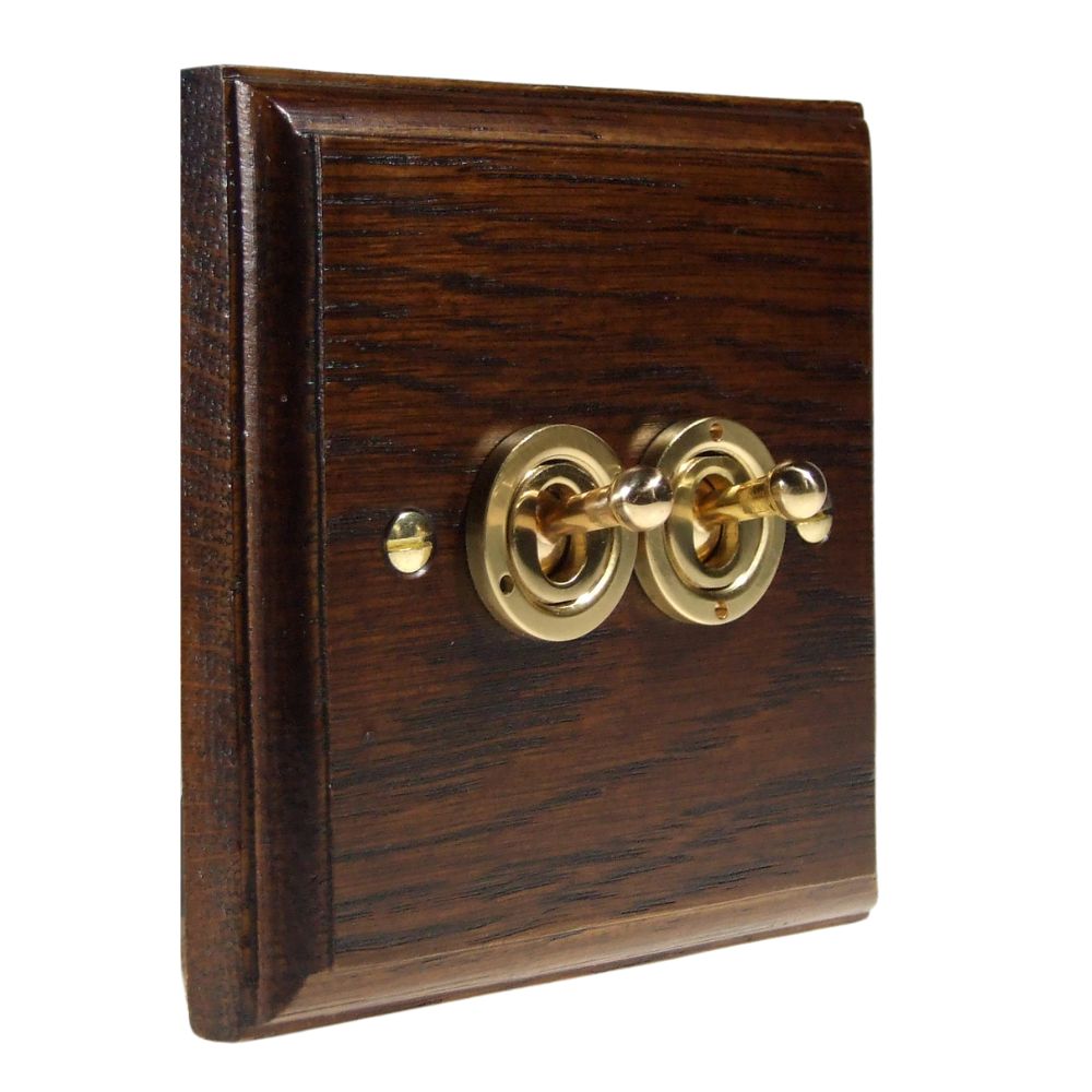 Classic Dark Oak Double Intermediate Light Switch Polished Brass Period Toggle