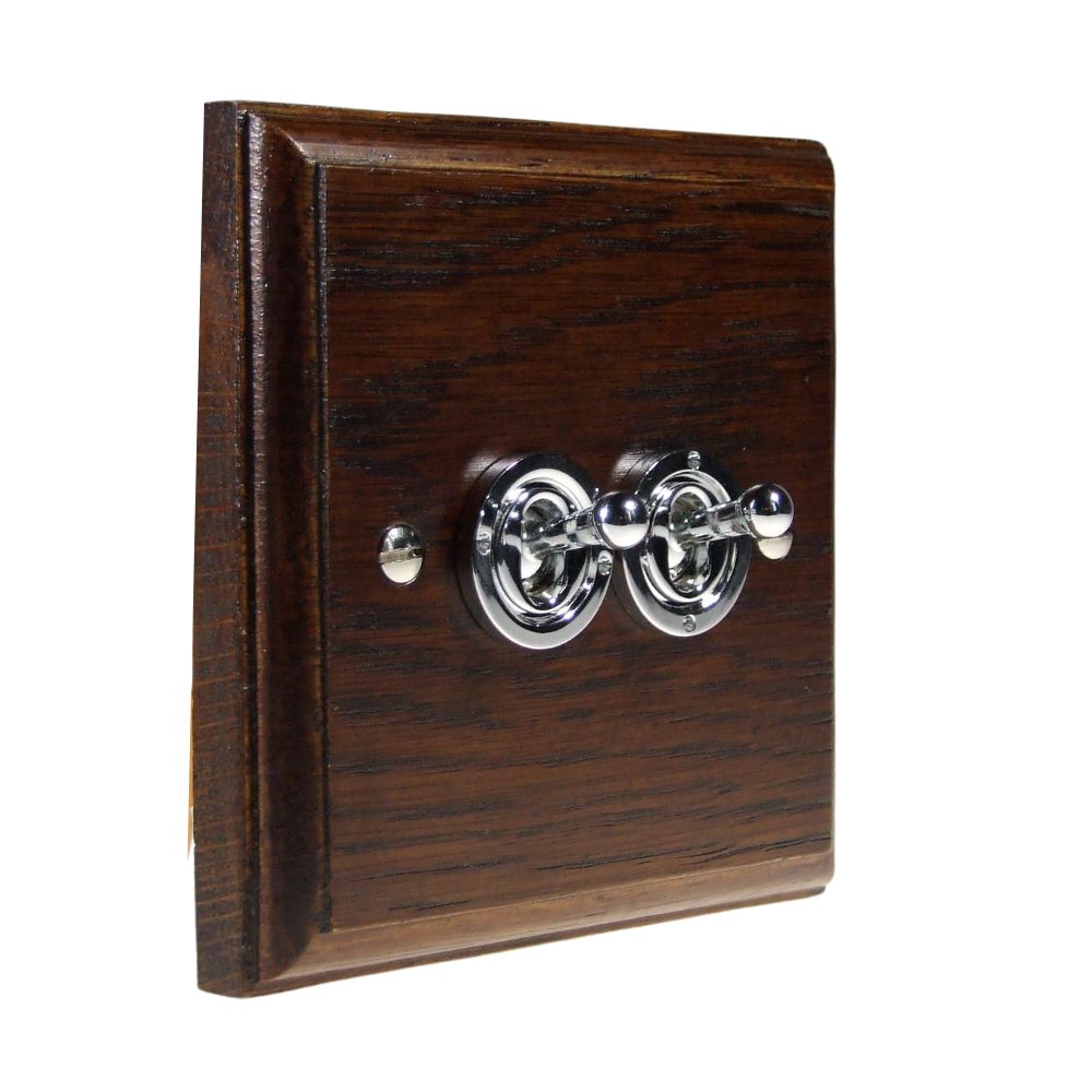 Classic Dark Oak Double Intermediate Light Switch Polished Chrome Period Toggle