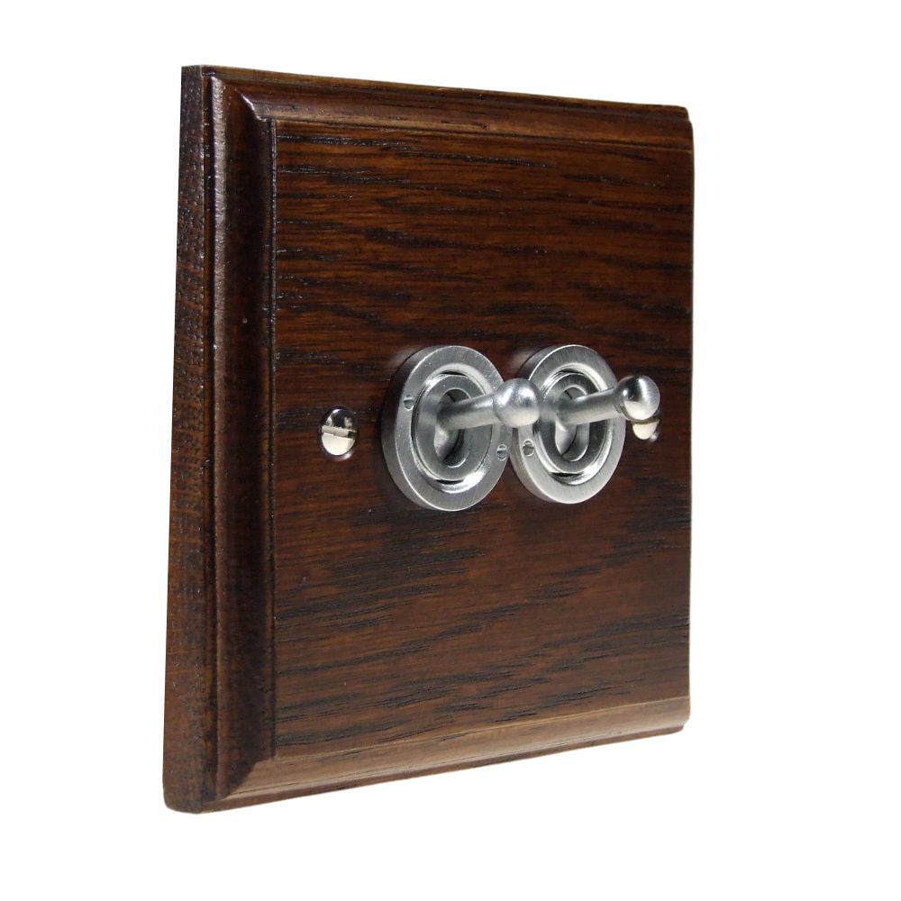 Classic Dark Oak Double Light Switch Satin Stainless Period Toggle