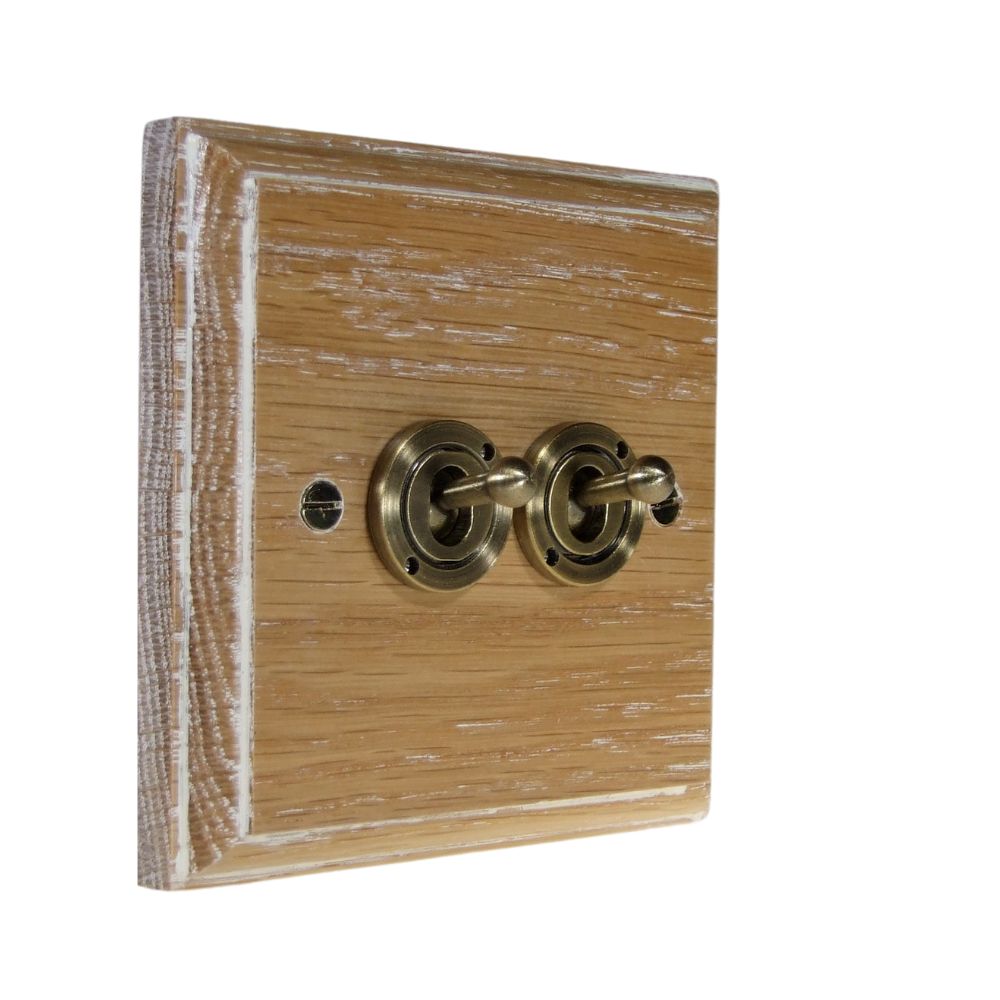Classic Limed Oak Double Light Switch Antique Brass Period Toggle
