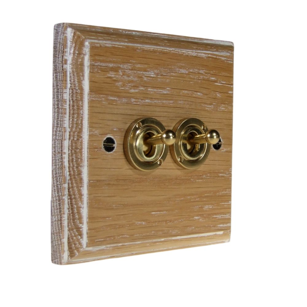 Classic Limed Oak Double Light Switch Polished Brass Period Toggle