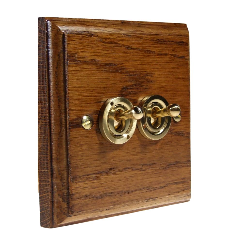 Classic Medium Oak Double Light Switch Polished Brass Period Toggle