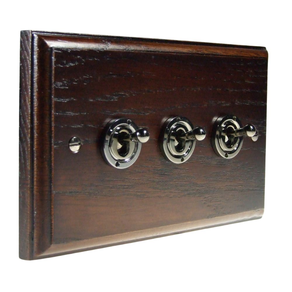 Classic Dark Oak Triple Light Switch Black Nickel Period Toggle