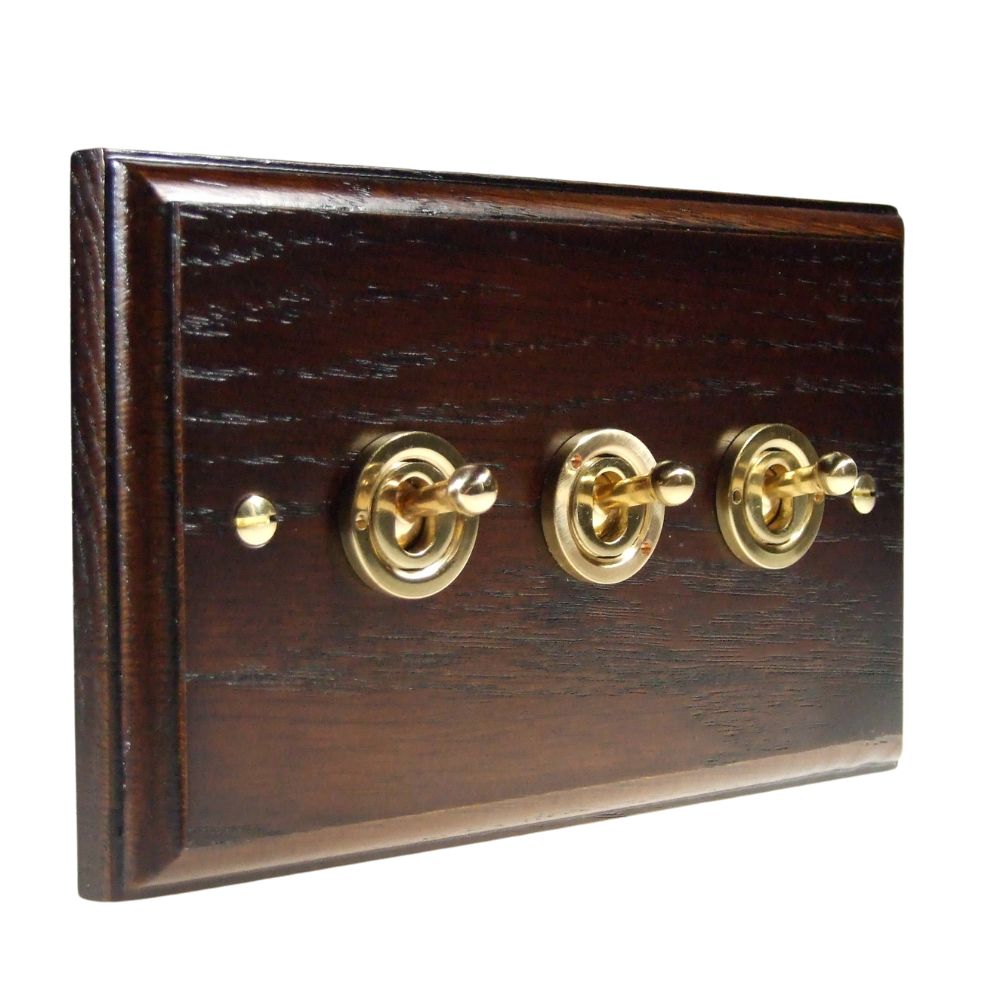 Classic Dark Oak Triple Light Switch Polished Brass Period Toggle