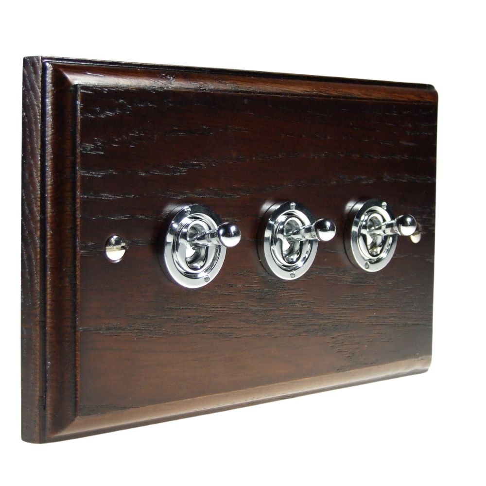 Classic Dark Oak Triple Light Switch Polished Chrome Period Toggle