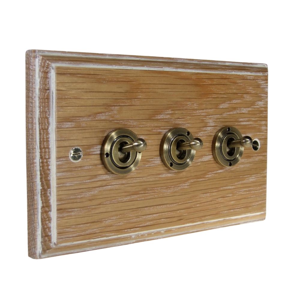 Classic Limed Oak Triple Light Switch Antique Brass Period Toggle