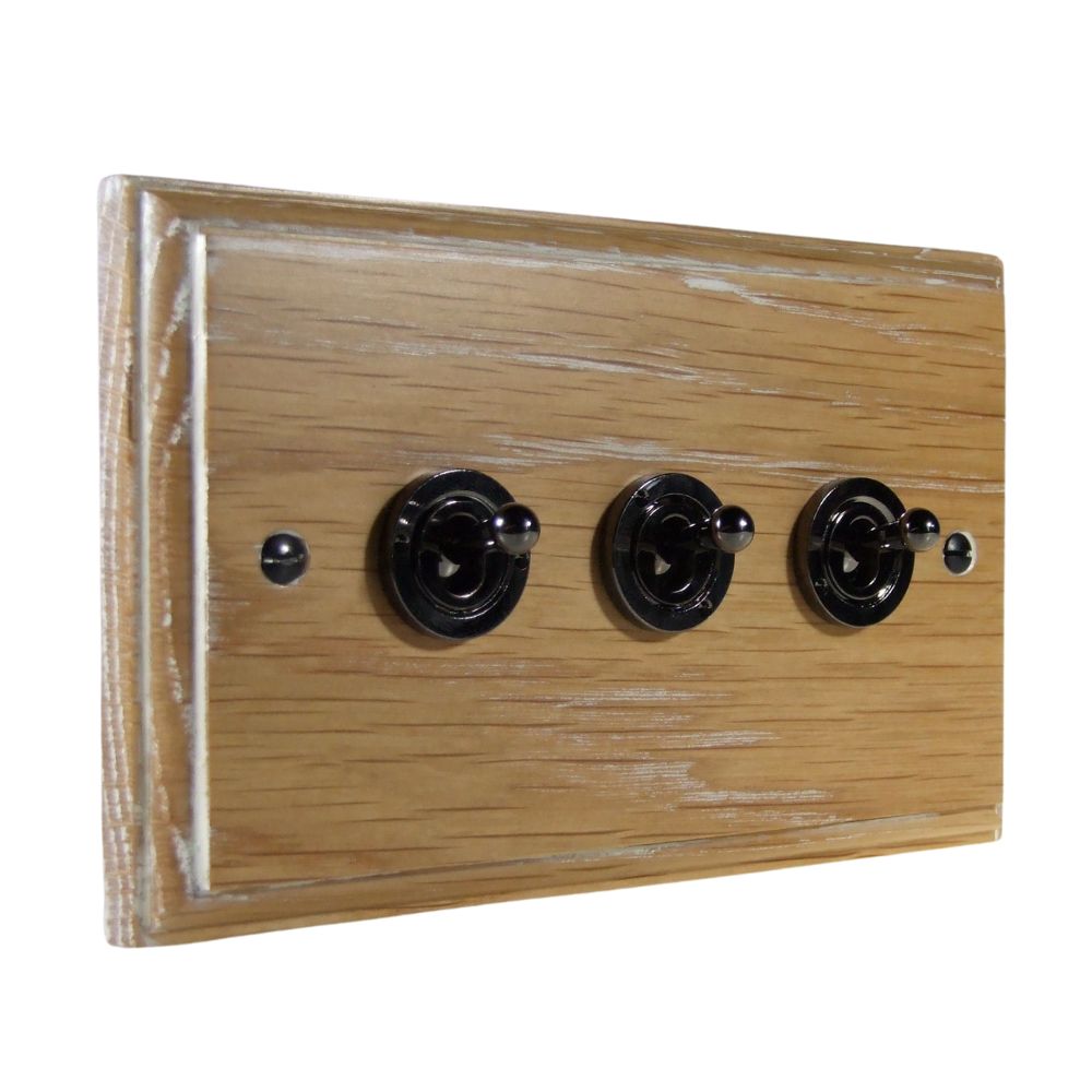 Classic Limed Oak Triple Light Switch Black Nickel Period Toggle