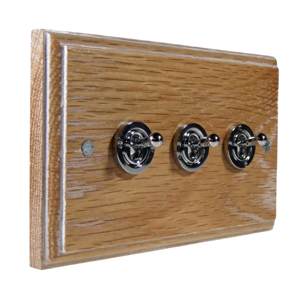 Classic Limed Oak Triple Light Switch Polished Chrome Period Toggle