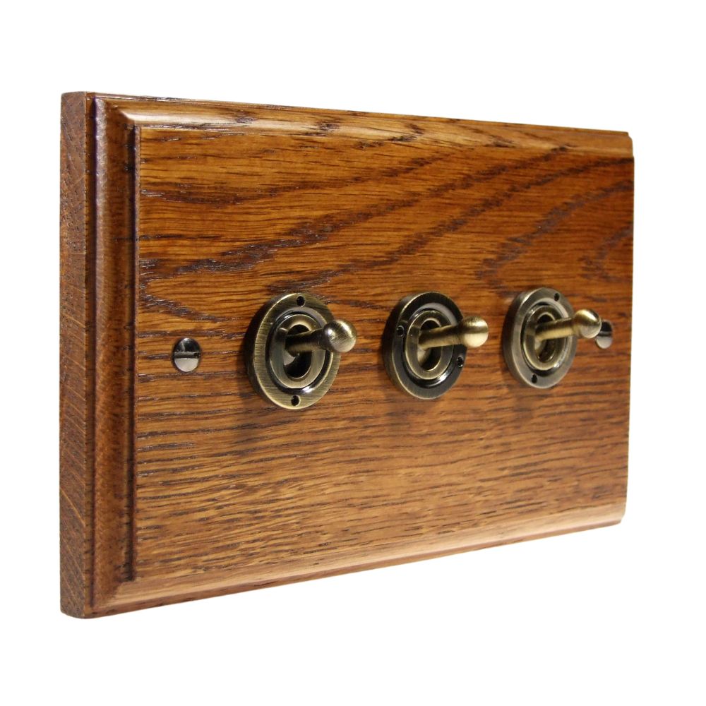 Classic Medium Oak Triple Light Switch Antique Brass Period Toggle